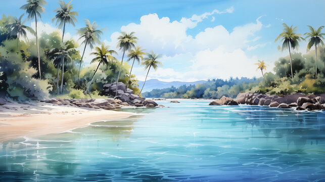 A serene beach in a watercolor depiction, featuring a palm-lined shore, golden skies, and gentle waves, evoking the charm of a coastal landscape.