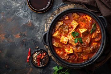 overhead view of kimchi jjigae hot stew with tofu and vegetables