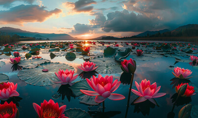 red lotuses floating on the water lake.