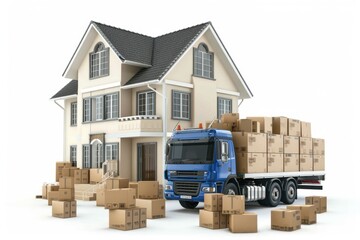 3d House Removal Truck With Boxes on white background