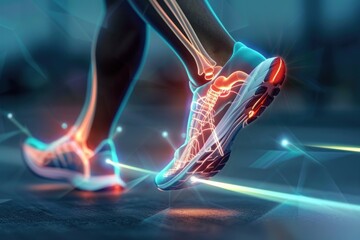 3D illustration of a human's lower body skeletal and muscular systems highlighted while running - obrazy, fototapety, plakaty