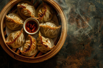 steamed momo dumplings in a bamboo steamer with spicy tomato chutney