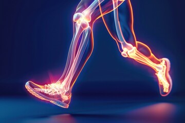 3D illustration of a human's lower body skeletal and muscular systems highlighted while running