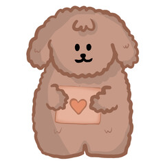 Obraz premium Hand-drawn brown dog with loves, gift box, and hand lettering. Concept of valentine's day, romance, gifts, love, romantic surprise, adventures.
