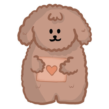 Hand-drawn brown dog with loves, gift box, and hand lettering. Concept of valentine's day, romance, gifts, love, romantic surprise, adventures.