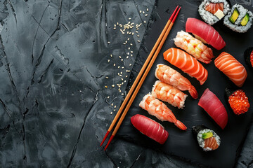 assorted fresh sushi selection on dark slate with chopsticks and sesame seeds, free space for text 