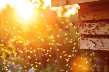 A swarm of bees flying around the hive after a day of collecting nectar from flowers against the setting sun - obrazy, fototapety, plakaty