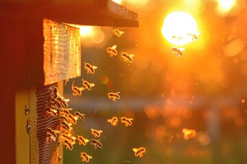 A swarm of bees flying around the hive after a day of collecting nectar from flowers against the setting sun