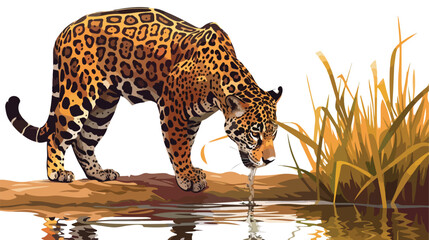 Wild Jaguar in its Natural Habitat Drinking Water  - obrazy, fototapety, plakaty