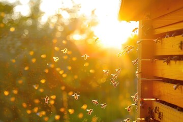 A swarm of bees flying around the hive after a day of collecting nectar from flowers against the setting sun - obrazy, fototapety, plakaty