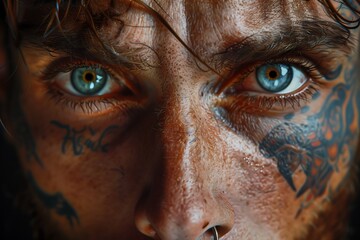 Close-Up of a Man with Blue Eyes and Striking Facial Tattoos - obrazy, fototapety, plakaty