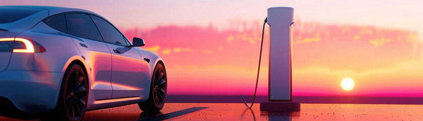 A sleek electric car charging station at sunset, representing the intersection of technology and sustainability.