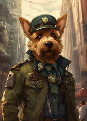 "Steampunk-Inspired Cityscape Dark Man in Army Jacket with Norfolk Terrier Dog"




