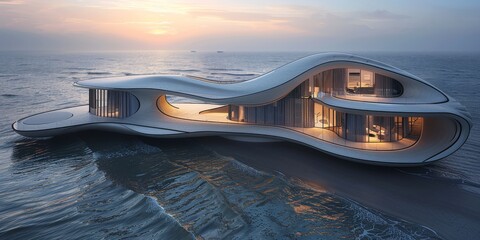 Ultramodern 3D render of a sleek, curvilinear building with a dynamic, kinetic facade that responds to the movement of the sun, creating mesmerizing patterns of light and shadow throughout the day