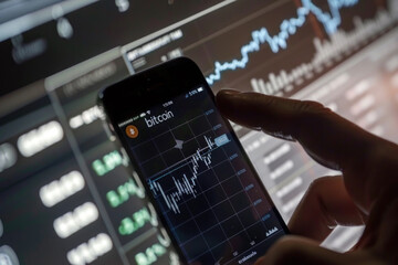 Fototapeta premium A trader or a financial analyst holding phone and looking at finance market graph. Stock market trading, virtual cryptocurrency and investment concept.