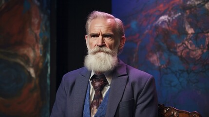 A man with a beard and a tie sits in front of a painting. The painting is abstract and has a blue and purple color scheme