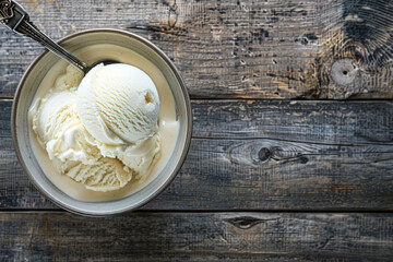  Top view classic vanilla ice cream scoops in a bowl on rustic wooden background, free space for text 