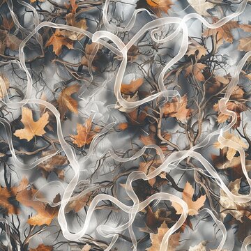 An AI-generated illustration presenting an aerial perspective of translucent, dry leaves with intricate tentacle-like patterns spread across the grey surface of an autumn forest.