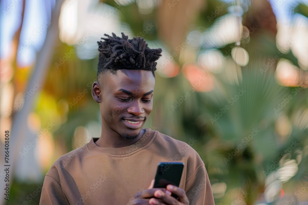Poster man using smart phone mobile for service 5g digital communication
