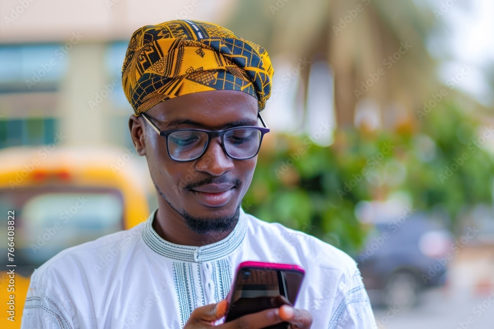 Poster man using smart phone mobile for service 5g digital communication