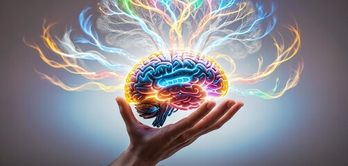 Colorful and illustrative depiction of a human brain hovering or being held above a human hand - obrazy, fototapety, plakaty