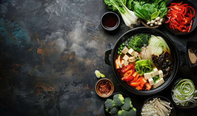 savory asian hot pot nabe with an assortment of vegetables and tofu - obrazy, fototapety, plakaty