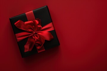 Black gift box decorated with red ribbon on red background