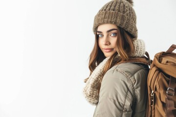 Beautiful young woman in warm clothes with travel bag on white background