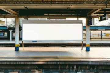 Blank white billboard on platform of railway station. Mock up