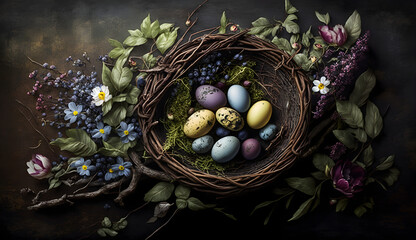 Fototapeta na wymiar A rustic basket filled with vibrant dyed eggs, surrounded by delicate spring flowers and foliage, embodies the spirit of Easter traditions and renewal.