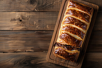 freshly baked chocolate bread loaf on wooden board, ample space for text 