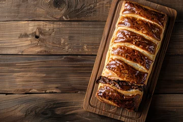 Fotobehang freshly baked chocolate bread loaf on wooden board, ample space for text  © Klay