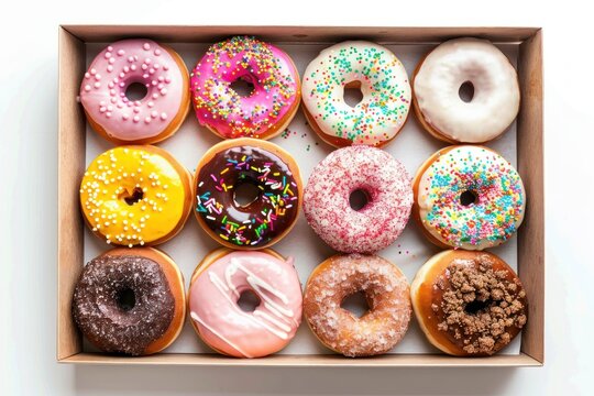 box of different colorful donuts - top view