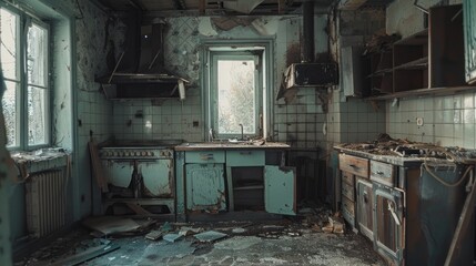 Fototapeta na wymiar Old kitchen destroyed, interior abandoned house
