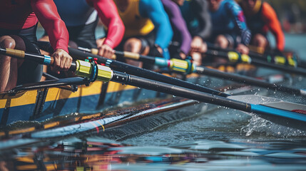 Rowing team in action at a regatta. Sports and competition concept. Selective focus on rowing oars and water splashes for sports design, event poster, and athletic themes. Side view action shot