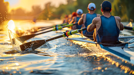 Team of rowers in action during golden hour on the water. Teamwork and competitive rowing concept with space for text for sports design - obrazy, fototapety, plakaty