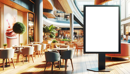 Modern Shopping Mall with Advertising Display,Spacious shopping mall interior with a large advertising display, natural lighting, and a cozy cafe seating area...