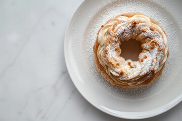  Over head paris brest with whipped cream on marble background - obrazy, fototapety, plakaty