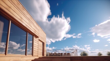 Panorama frame Home exterior with vertical wood plank wall under blue sky and white clouds. The house also has a balcony and windows that reflect the outdoor view.
