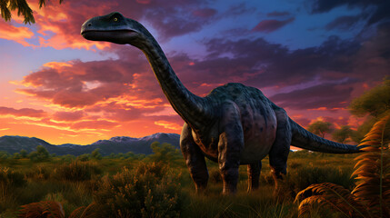 Mesozoic Majesty: The Awe-Inspiring Apatosaurus against a Prehistoric Landscape under Twilight Sky - obrazy, fototapety, plakaty