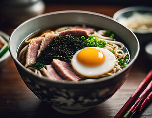Bowl of  hot ramen with a perfect egg in the center, surrounded by thin slices of meat, green onions, and nori, with a flavorful broth and perfect noodles.
