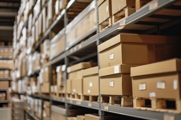 Close up box Shelves of huge warehouse with cardboard boxes