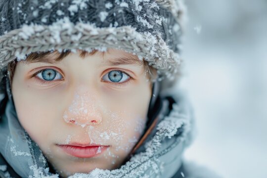 Close up kid face standing outdoors on a freezing cold snow winter day