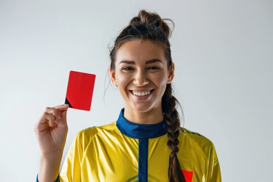 smiling female soccer referee showing red card Isolated on white background