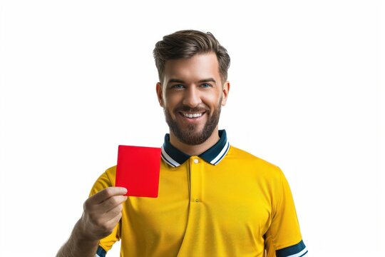 smiling male soccer referee showing red card Isolated on white background