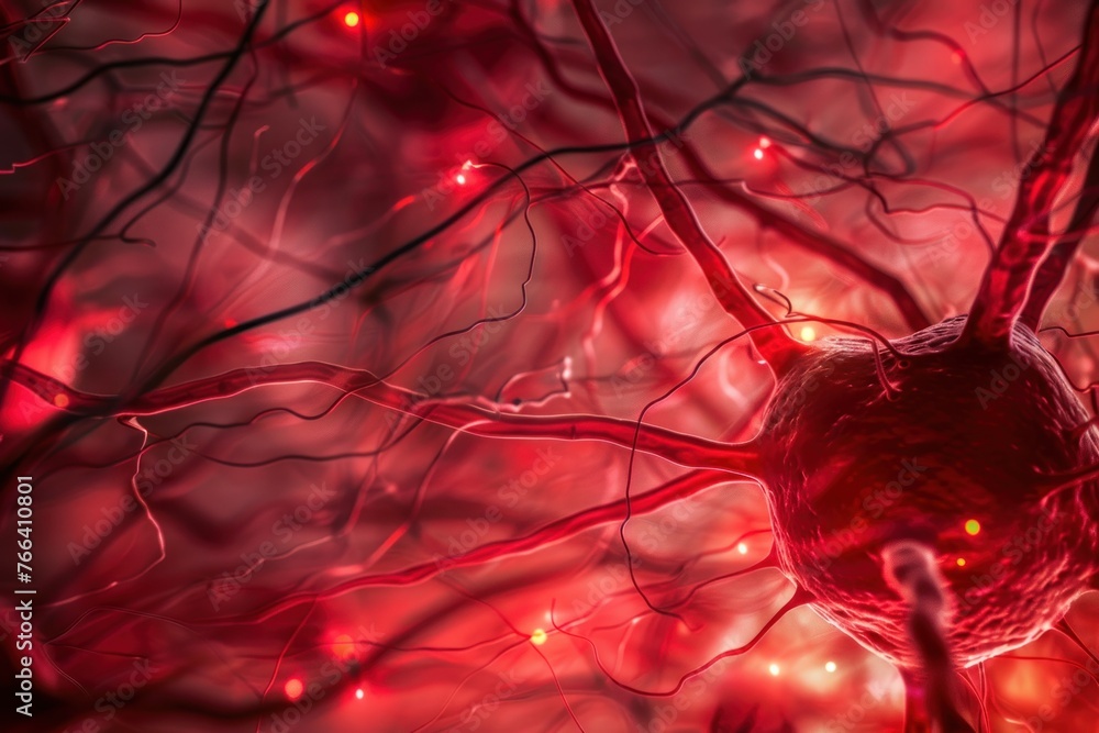 Poster an abstract neuronal structure with intricate red fibers depicting neural activity or connectivity