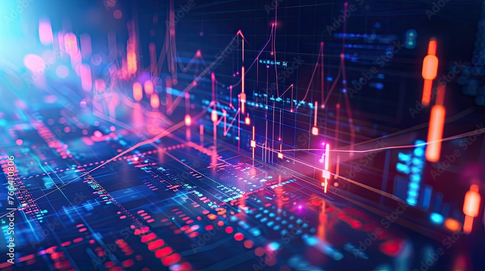 Poster an abstract financial data visualization background, with glowing lines and numbers representing ana