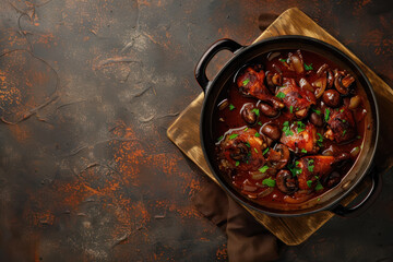 classic coq au vin in a rustic pot on dark background,free space for text  - obrazy, fototapety, plakaty