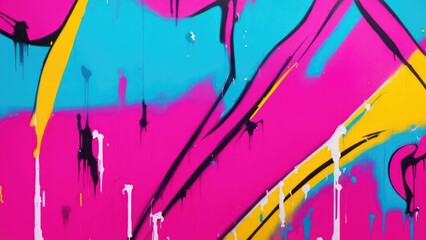 Colorful street art graffiti background. Pink, blue, yellow colors. Abstract wall surface with colorful drips, flows, streaks of paint and paint sprays