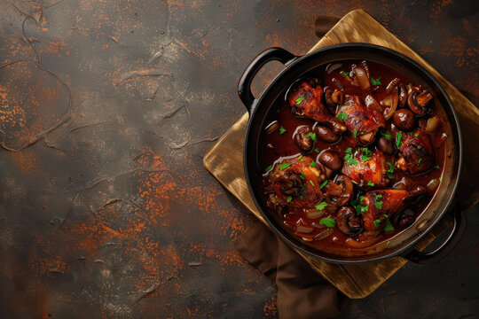 classic coq au vin in a rustic pot on dark background,free space for text 
